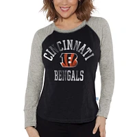 T-shirt à manches longues raglan en tricot gaufré des Bengals de Cincinnati G-III 4Her by Carl Banks pour femmes, noir/gris chiné