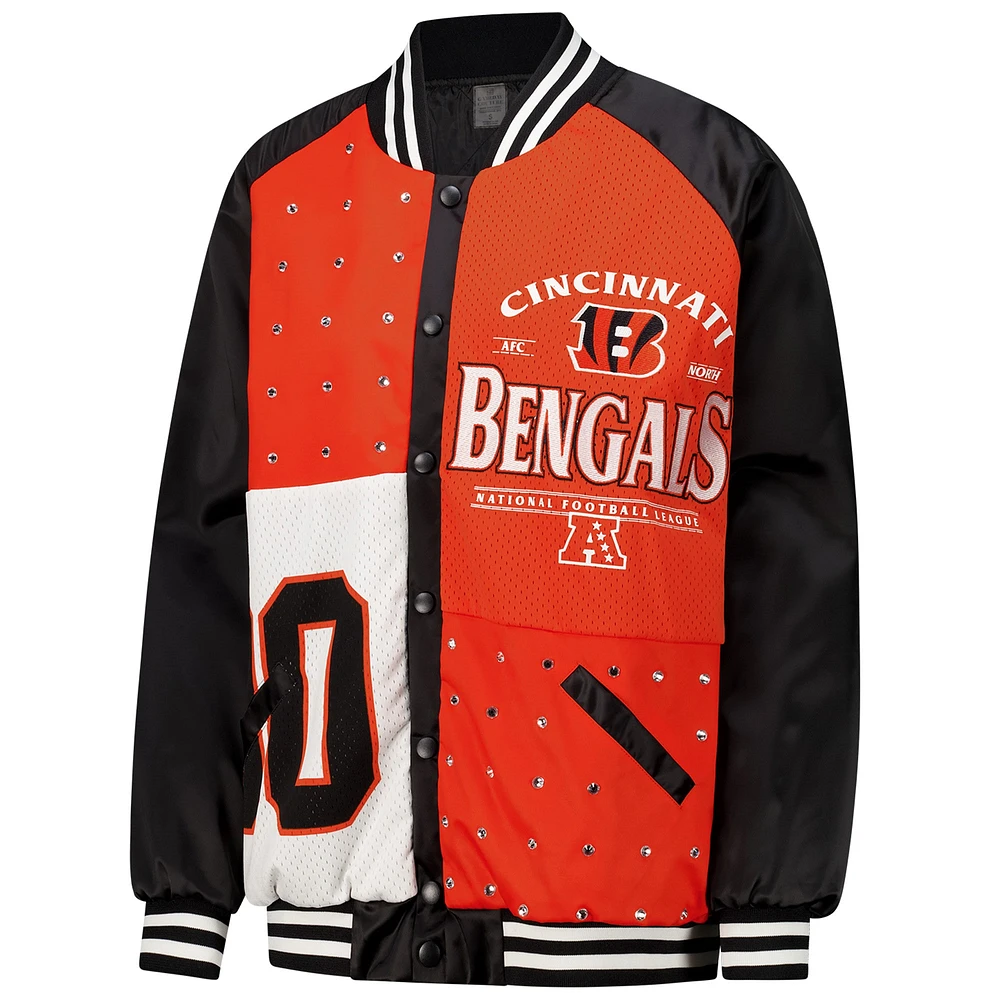 Women's Gameday Couture  Black/Orange Cincinnati Bengals Oversized Hot Shot Rhinestone Throwback Full-Snap Varsity Bomber Jacket