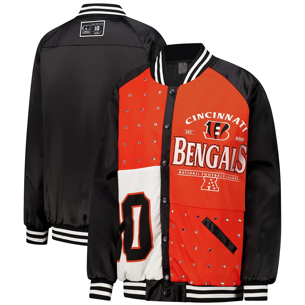 Veste bomber surdimensionnée noire/orange Gameday Couture pour femme des Bengals de Cincinnati avec strass et boutons-pression