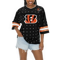 Women's Gameday Couture Black Cincinnati Bengals Kickoff Time Allover Rhinestone Sports Stripe Jersey V-Neck T-Shirt