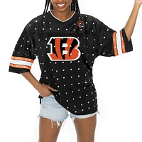 Women's Gameday Couture Black Cincinnati Bengals Kickoff Time Allover Rhinestone Sports Stripe Jersey V-Neck T-Shirt