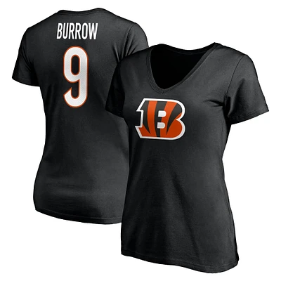 T-shirt à col en V noir Joe Burrow pour femme avec nom et numéro de joueur des Bengals Cincinnati