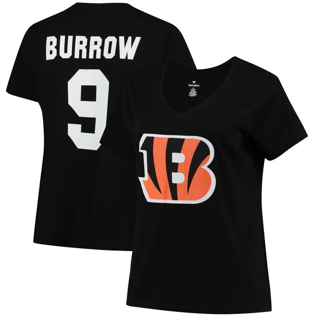 T-shirt col en V noir Joe Burrow pour femme avec nom et numéro Fair Catch des Bengals de Cincinnati, grande taille