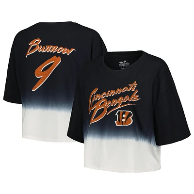 Women's Majestic Threads Joe Burrow Black/White Cincinnati Bengals Dip-Dye Player Name & Number Crop Top