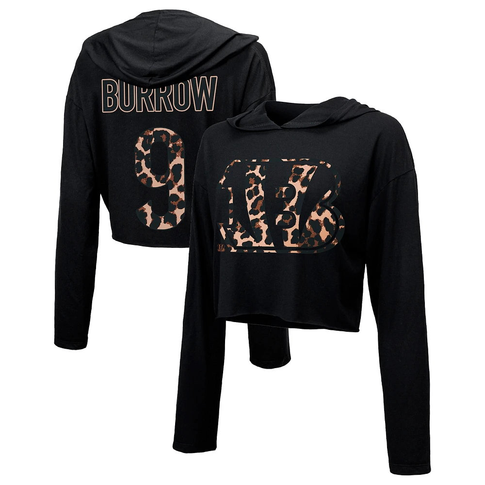 Women's Majestic Threads Joe Burrow Black Cincinnati Bengals Leopard Player Name & Number Long Sleeve Cropped Hoodie