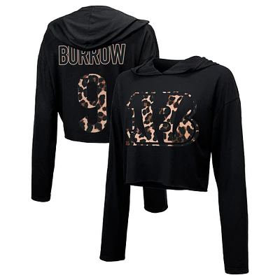 Sweat à capuche court manches longues pour femme Majestic Threads Joe Burrow Black Cincinnati Bengals Leopard Player Name & Number