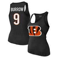 Débardeur à trois mélanges noir Majestic Threads Joe Burrow pour femmes des Bengals de Cincinnati avec nom et numéro