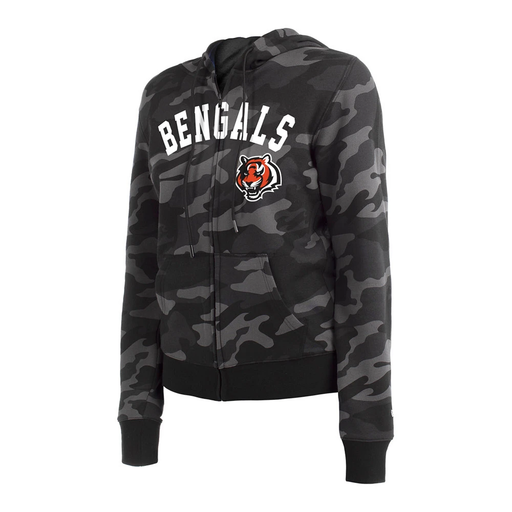 Sweat à capuche entièrement zippé et camouflage des Bengals de Cincinnati New Era pour femme, noir