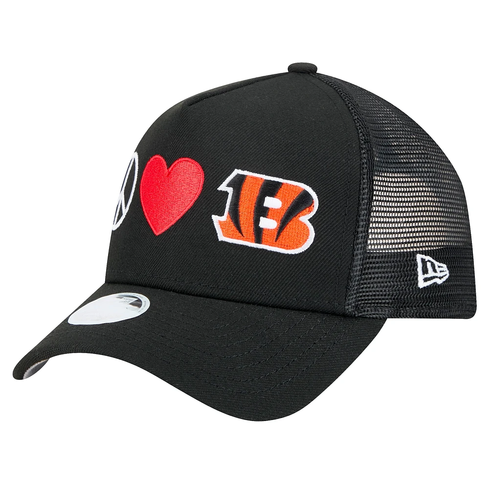 Women's New Era Black Cincinnati Bengals Peace & Love Trucker 9FORTY Adjustable Hat