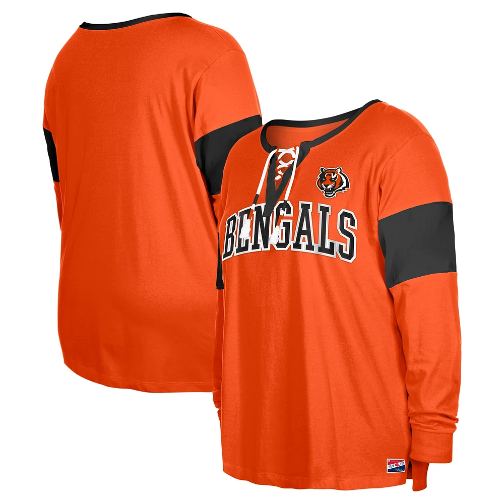 T-shirt à manches longues lacets et col cranté grande taille New Era pour femme, orange, Cincinnati Bengals