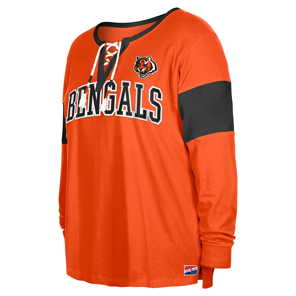 T-shirt à manches longues lacets et col cranté grande taille New Era pour femme, orange, Cincinnati Bengals