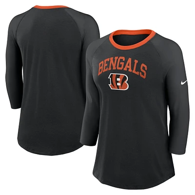 T-shirt à manches 3/4 Nike noir Cincinnati Bengals Raglan pour femme