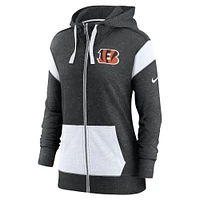 Sweat à capuche léger entièrement zippé Nike Cincinnati Bengals Monaco pour femme, noir chiné/blanc