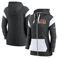 Sweat à capuche léger entièrement zippé Nike Cincinnati Bengals Monaco pour femme, noir chiné/blanc