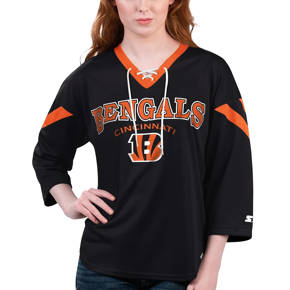 T-shirt à lacets manches 3/4 Starter noir Cincinnati Bengals Rally pour femmes