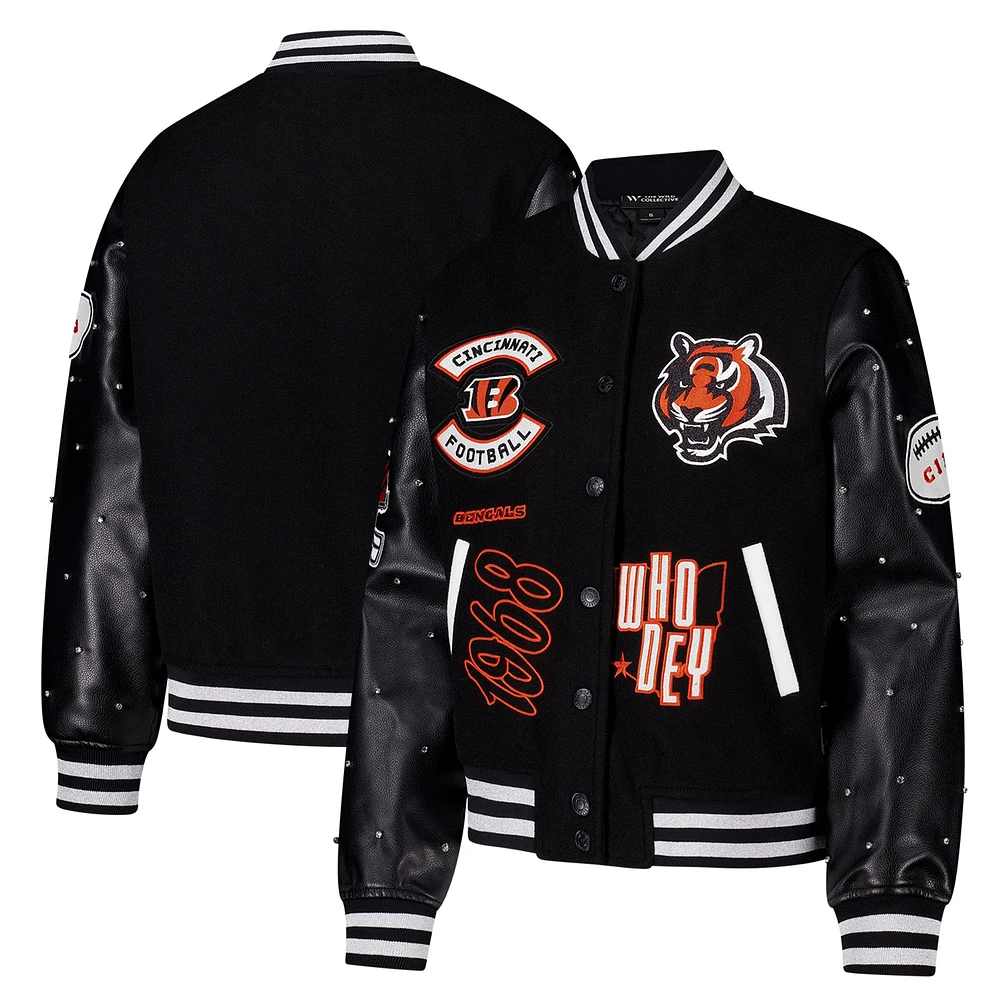 Veste à paillettes noire boutons-pression pour femme The Wild Collective Cincinnati Bengals Varsity