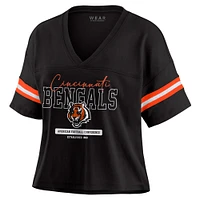 Women's WEAR by Erin Andrews Black Cincinnati Bengals Color Block Boxy Modest Crop V-Neck T-Shirt