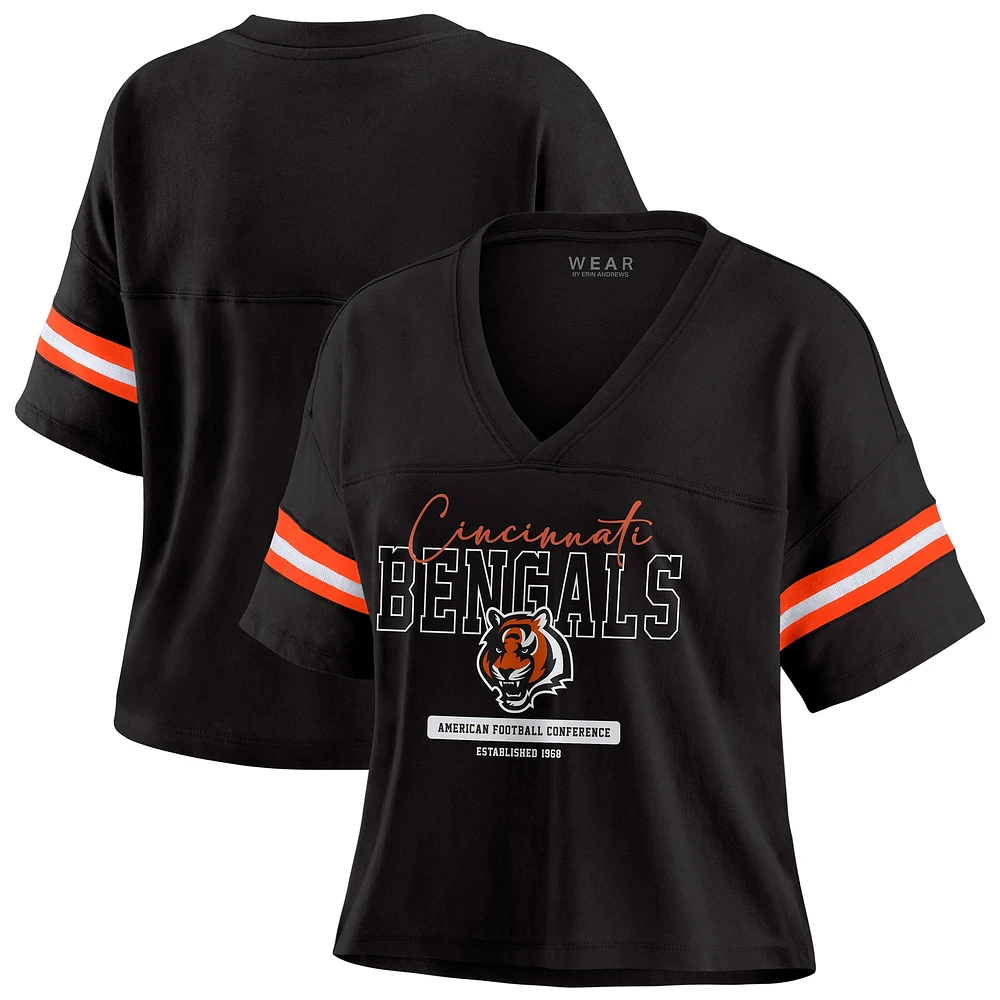 Women's WEAR by Erin Andrews Black Cincinnati Bengals Color Block Boxy Modest Crop V-Neck T-Shirt