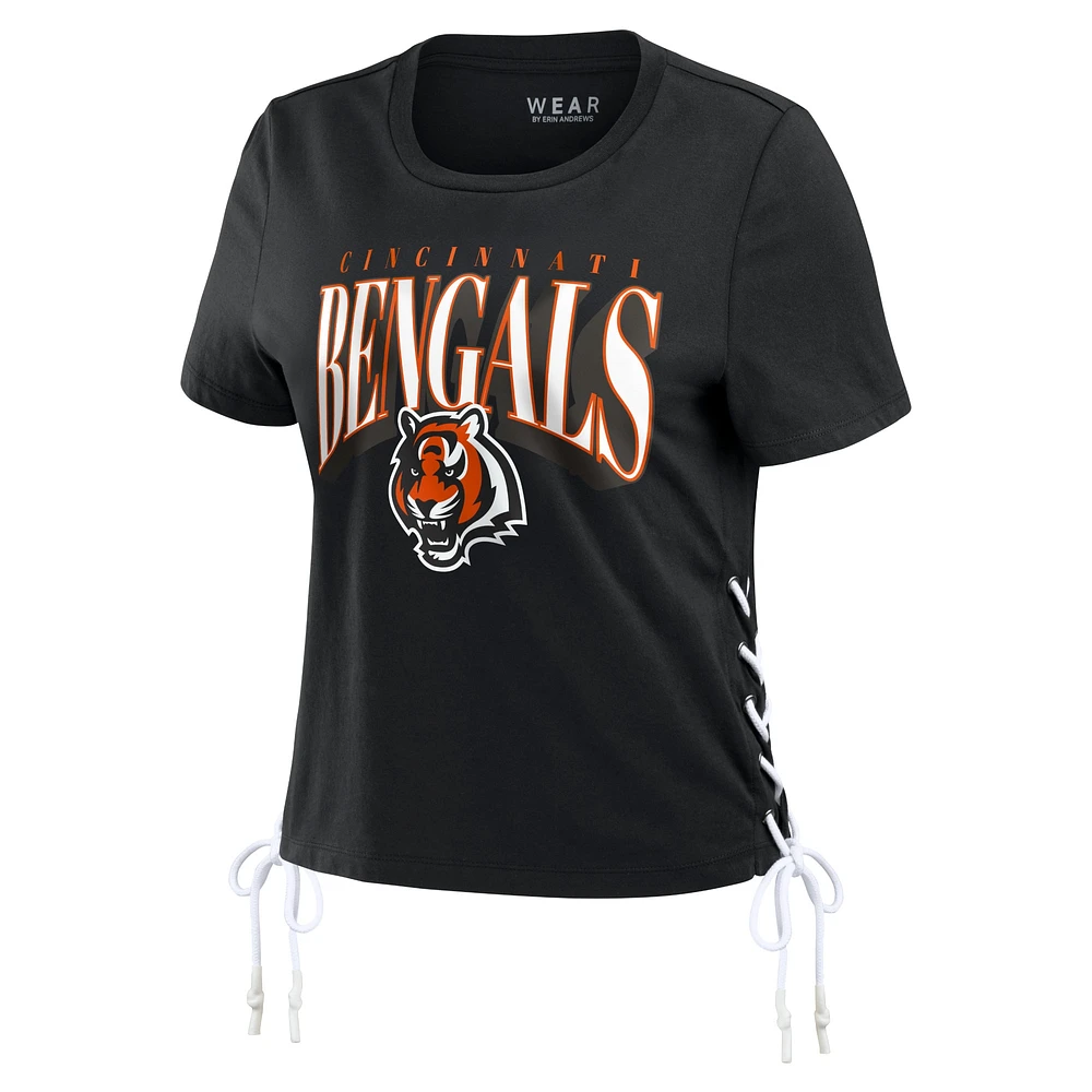 Women's WEAR by Erin Andrews Black Cincinnati Bengals Lace Up Side Modest Cropped T-Shirt