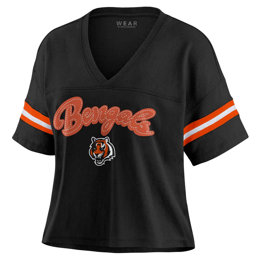 Women's WEAR by Erin Andrews Black Cincinnati Bengals Plus Color Block Boxy V-Neck T-Shirt