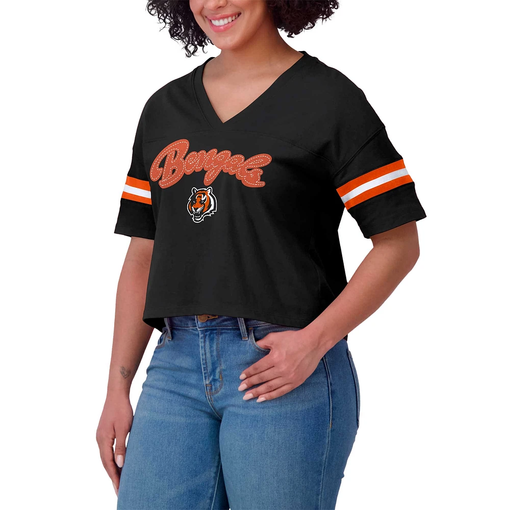 Women's WEAR by Erin Andrews Black Cincinnati Bengals Plus Color Block Boxy V-Neck T-Shirt