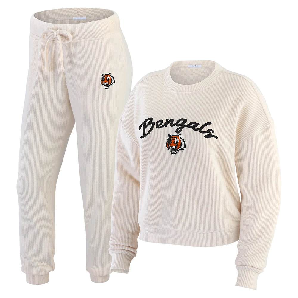 Ensemble de détente pour femme WEAR by Erin Andrews Oatmeal Cincinnati Bengals en tricot côtelé à manches longues et pantalon grande taille