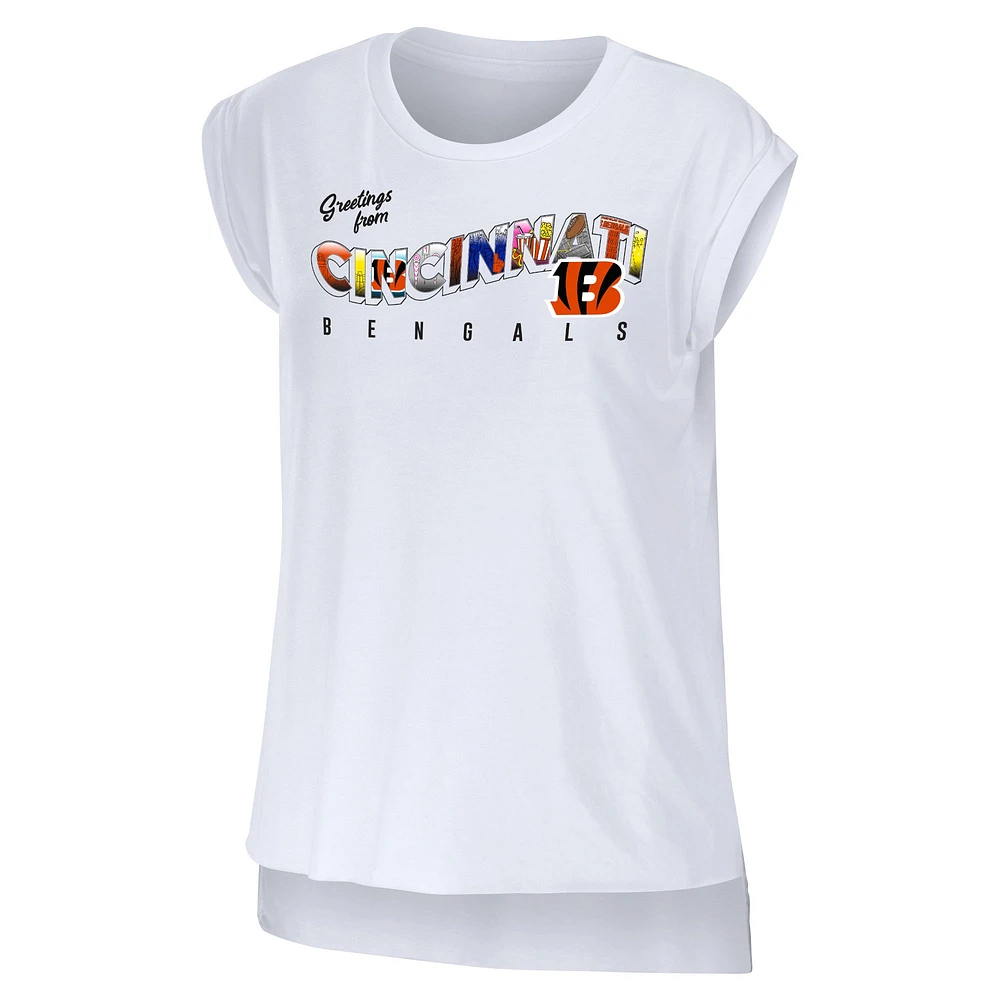 Women's WEAR by Erin Andrews White Cincinnati Bengals Greetings From Muscle T-Shirt