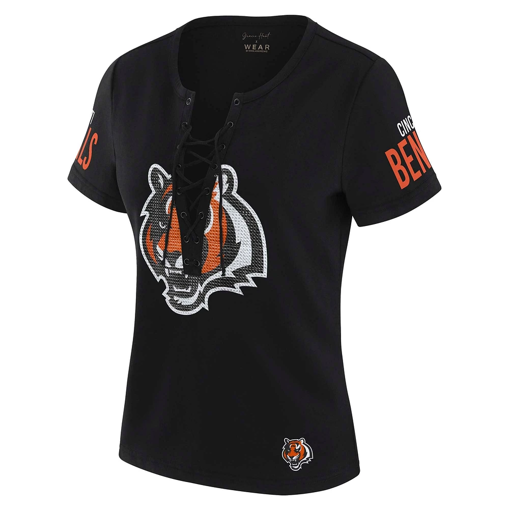 T-shirt à lacets noir Draft Me des Bengals de Cincinnati pour femme WEAR by Erin Andrews x Gracie Hunt