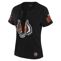 Women's WEAR by Erin Andrews x Gracie Hunt Black Cincinnati Bengals Draft Me Lace-Up T-Shirt