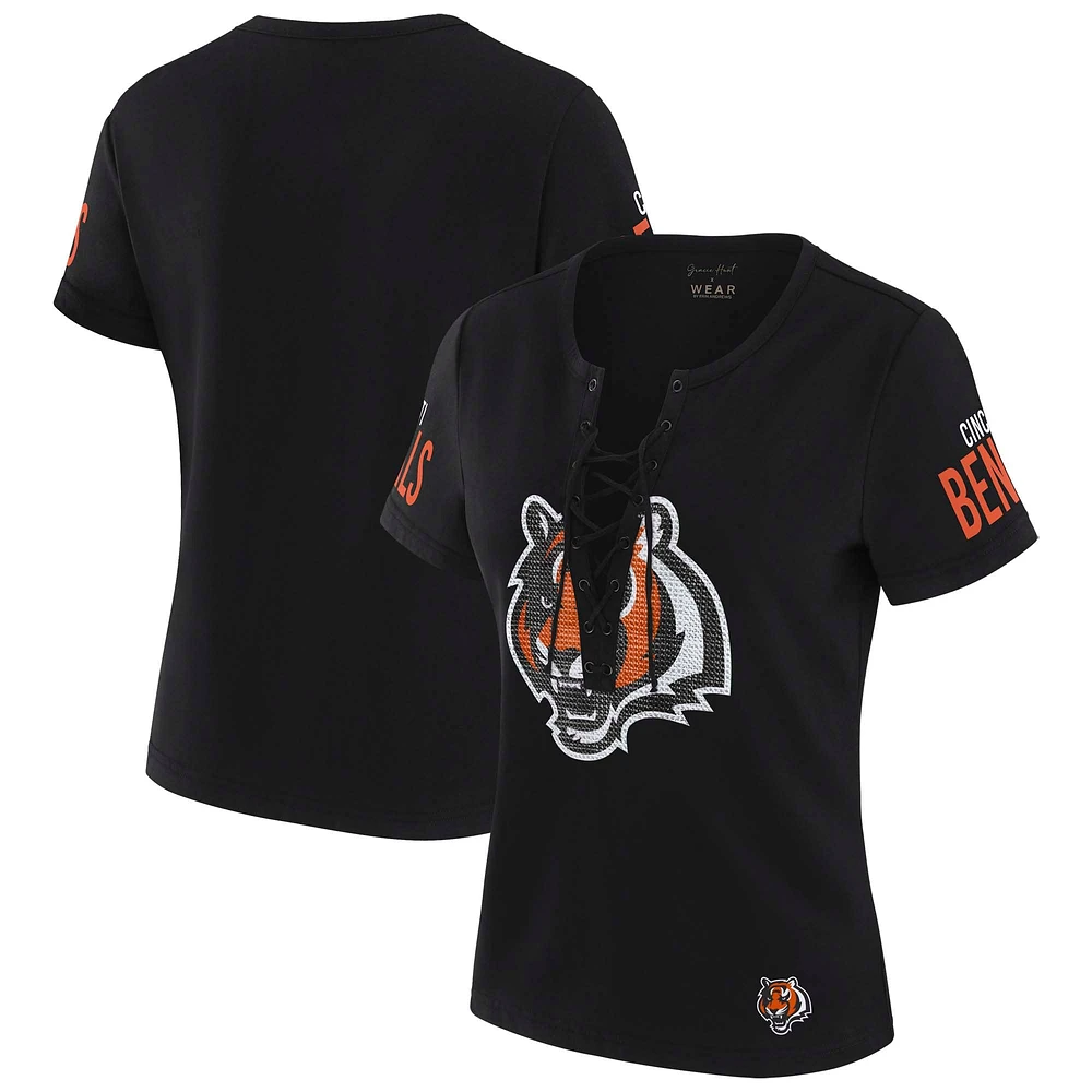 Women's WEAR by Erin Andrews x Gracie Hunt Black Cincinnati Bengals Draft Me Lace-Up T-Shirt