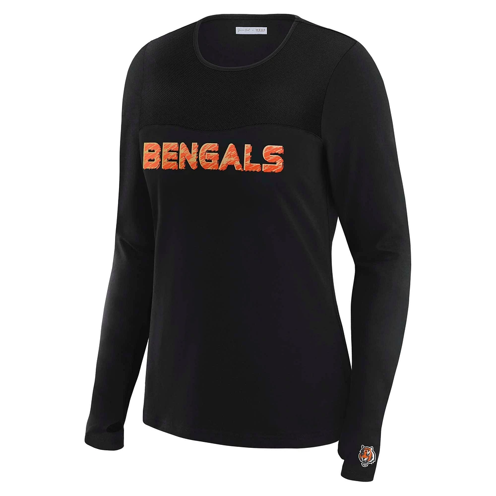 T-shirt à manches longues et empiècement en maille noire WEAR by Erin Andrews x Gracie Hunt pour femme des Bengals de Cincinnati