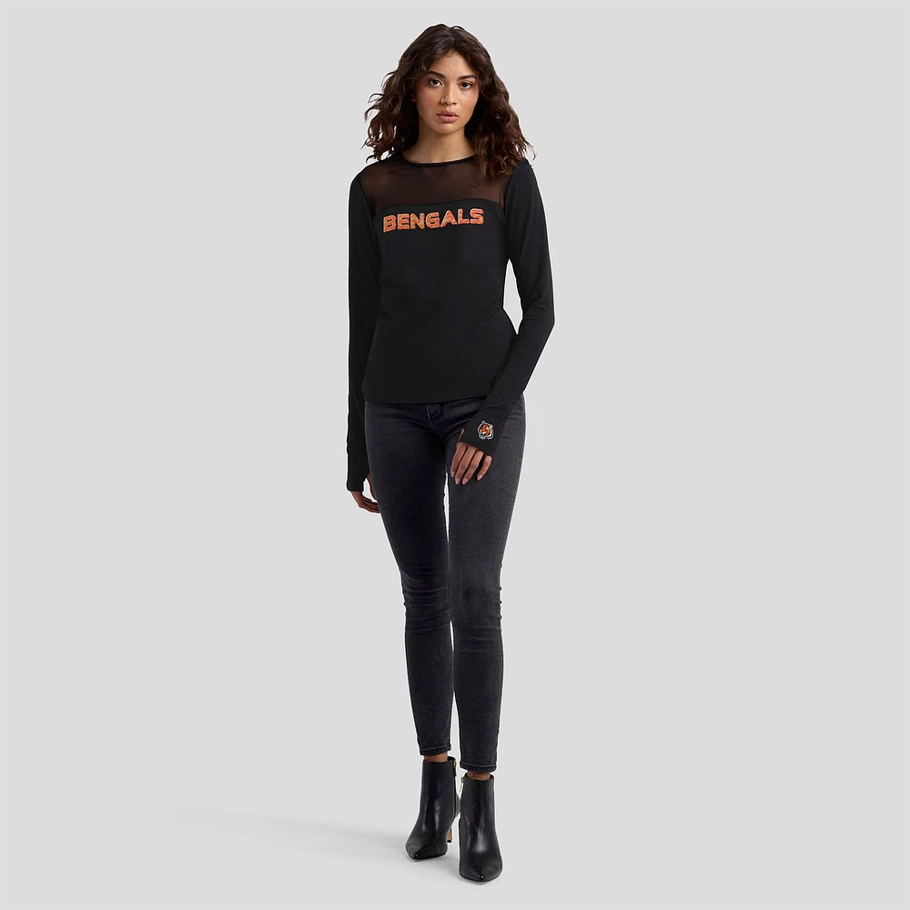 T-shirt à manches longues et empiècement en maille noire WEAR by Erin Andrews x Gracie Hunt pour femme des Bengals de Cincinnati