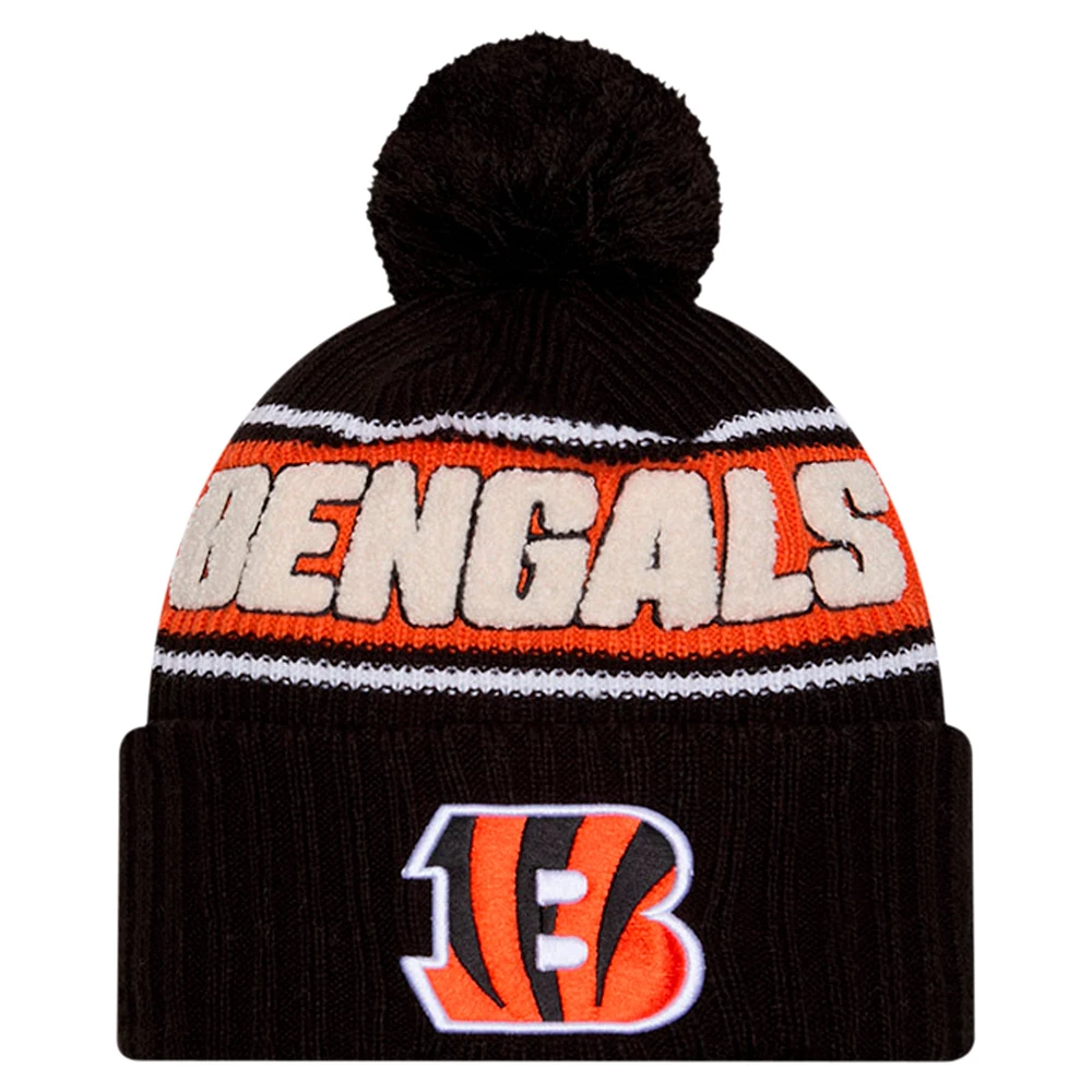 Youth New Era Black Cincinnati Bengals 2024 Sideline Sport Cuffed Knit Hat with Pom