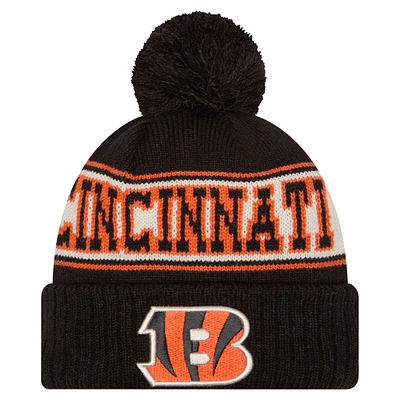 Youth New Era Black Cincinnati Bengals Retro Cuffed Knit Hat with Pom