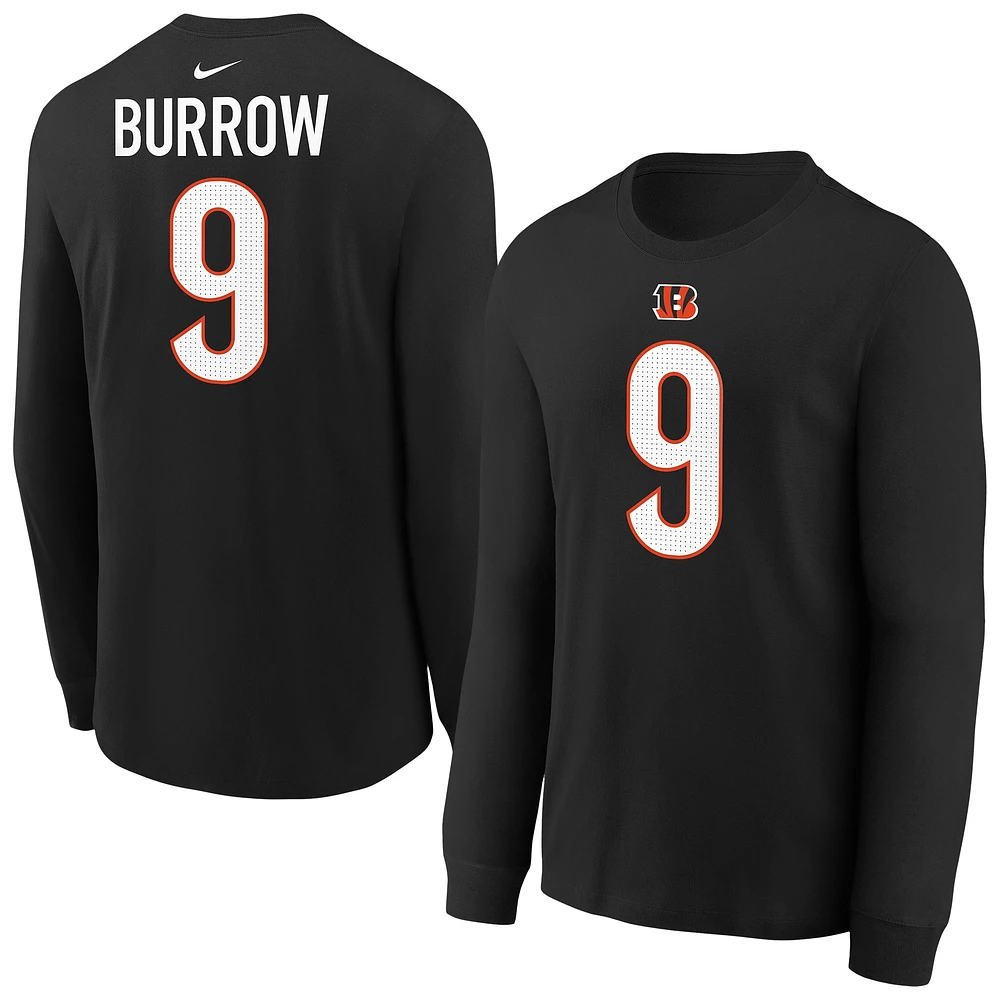 T-shirt à manches longues Nike Joe Burrow noir pour jeune joueur des Bengals de Cincinnati avec nom et numéro