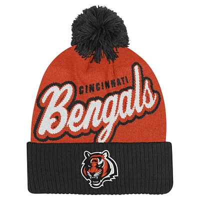 Bonnet en tricot à revers jacquard Pro-Sport orange/noir Cincinnati Bengals avec pompon pour jeunes