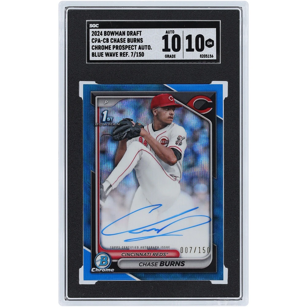 Chase Burns Cincinnati Reds Autographié 2024 Bowman Draft Chrome Prospect Autograph Blue Wave Refractor #CPA-CB #7/150 SGC Authentifié 10/10 Carte