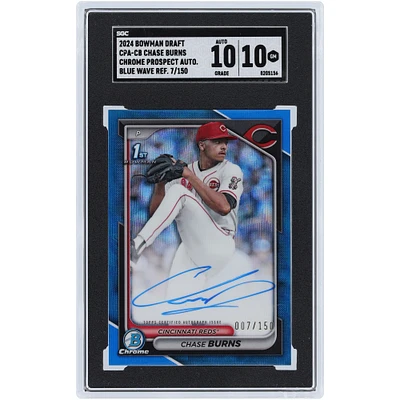 Chase Burns Cincinnati Reds Autographié 2024 Bowman Draft Chrome Prospect Autograph Blue Wave Refractor #CPA-CB #7/150 SGC Authentifié 10/10 Carte