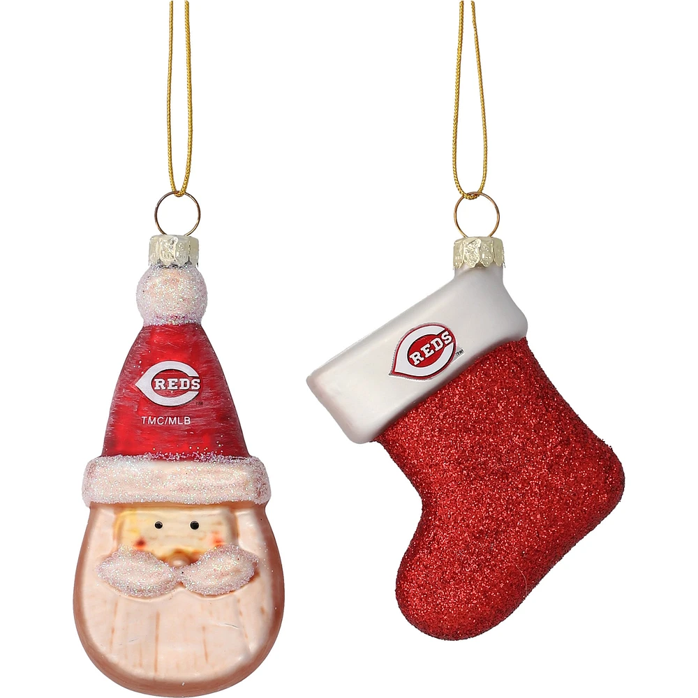 Ensemble de deux décorations en verre soufflé Père Noël et bas des Cincinnati Reds