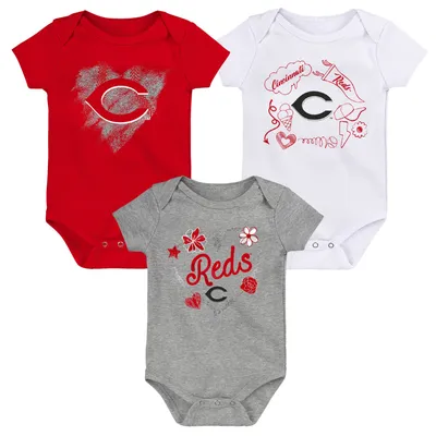 Cincinnati Reds Girls Newborn & Infant 3-Pack Batter Up Bodysuit Set - Red/White/Heathered Gray