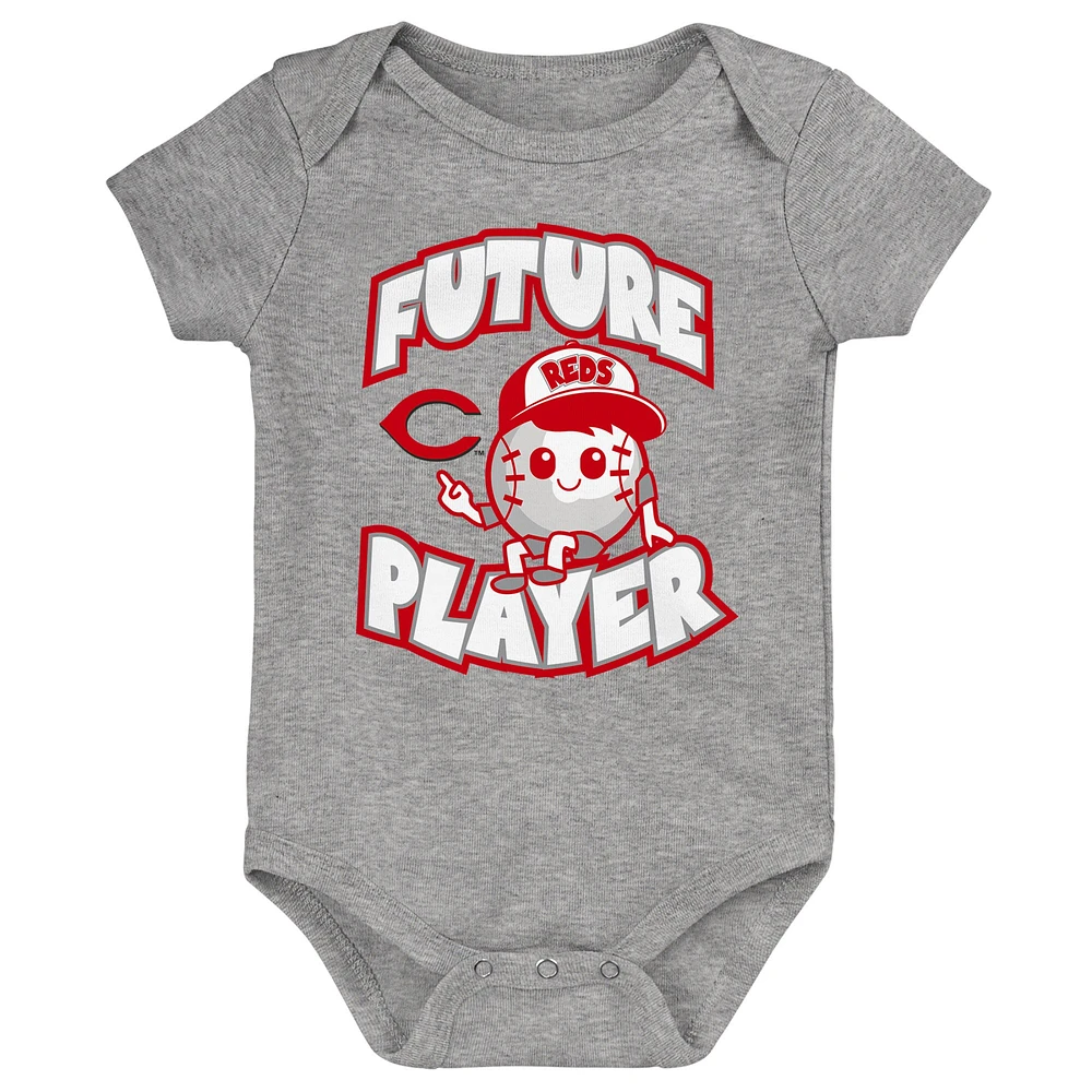 Infant Heather Gray/Red/White Cincinnati Reds Minor League Player Three-Pack Bodysuit Set