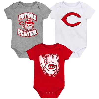 Infant Heather Gray/Red/White Cincinnati Reds Minor League Player Three-Pack Bodysuit Set