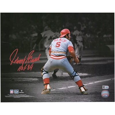 Johnny Bench Cincinnati Reds Autographed 11" x 14" Catching Spotlight Photograph with "HOF 89" Inscription