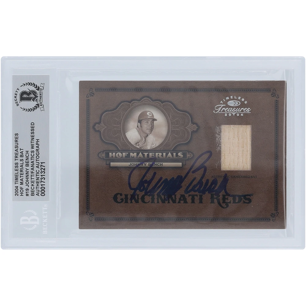 Johnny Bench Cincinnati Reds Autographed 2004 Donruss Timeless Treasures HOF Materials Bat Relic #HOF-19 #/25 Beckett Fanatics Witnessed Authenticated Card 