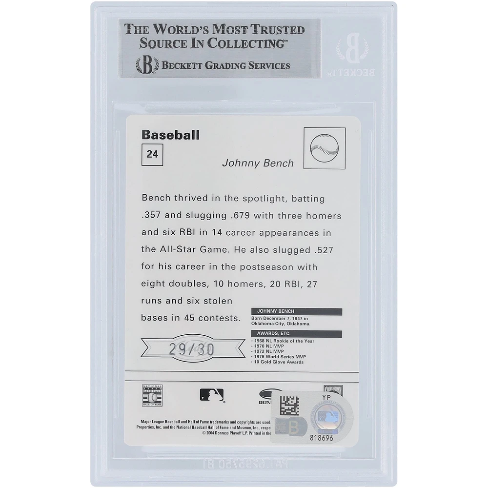 Johnny Bench Cincinnati Reds Autographed 2005 Donruss Leaf Sportscasters 30 Beige Batting-Glove #24 #/30 Beckett Fanatics Witnessed Authenticated Card 