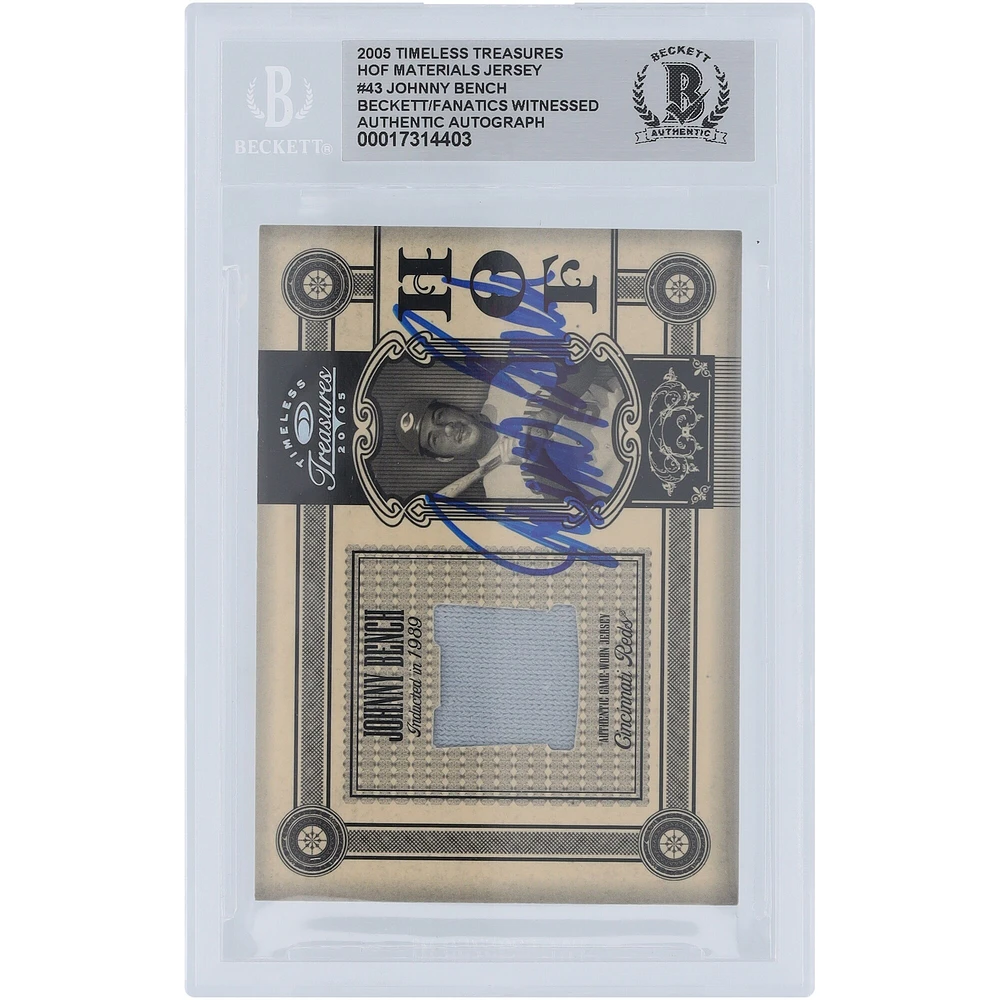 Johnny Bench Cincinnati Reds Autographed 2005 Donruss Timeless Treasures HOF Materials Jersey Relic #HOF-43 #/50 Beckett Fanatics Witnessed Authenticated 10 Card 