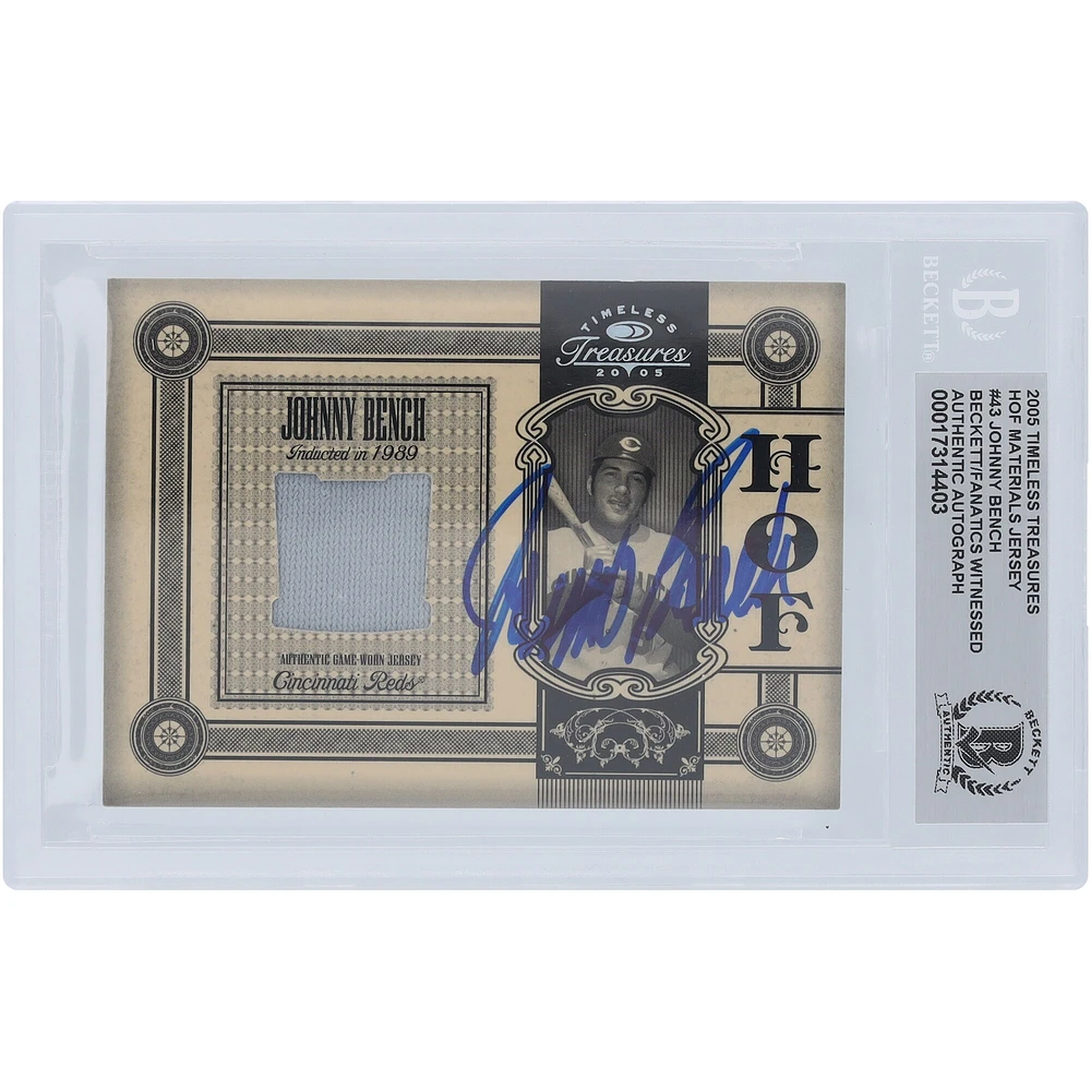 Johnny Bench Cincinnati Reds Autographed 2005 Donruss Timeless Treasures HOF Materials Jersey Relic #HOF-43 #/50 Beckett Fanatics Witnessed Authenticated 10 Card 