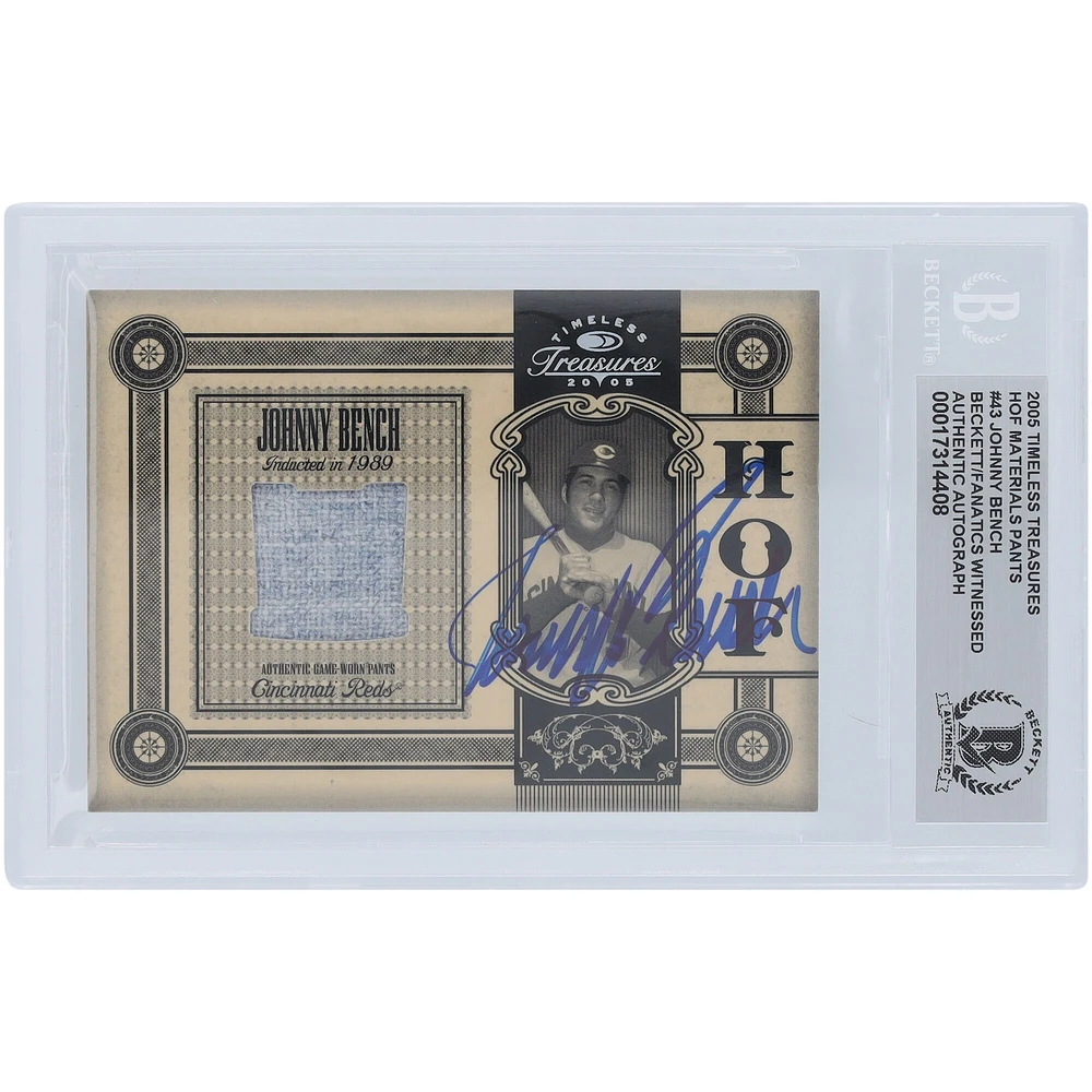 Johnny Bench Cincinnati Reds Autographed 2005 Donruss Timeless Treasures HOF Materials Jersey Relic #HOF-43 #/50 Beckett Fanatics Witnessed Authenticated Card 