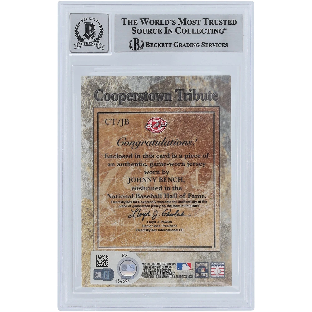 Johnny Bench Cincinnati Reds Autographed 2005 Fleer Tradition Cooperstown Tribute Jersey Relic #CT-JB Beckett Fanatics Witnessed Authenticated 10 Card