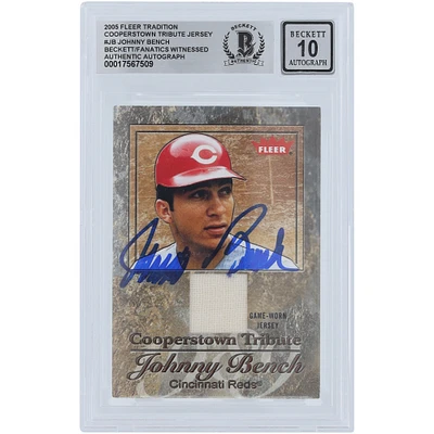 Johnny Bench Cincinnati Reds Autographed 2005 Fleer Tradition Cooperstown Tribute Jersey Relic #CT-JB Beckett Fanatics Witnessed Authenticated 10 Card